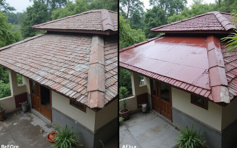 Before-and-after of a faded roof vs freshly recoated roof