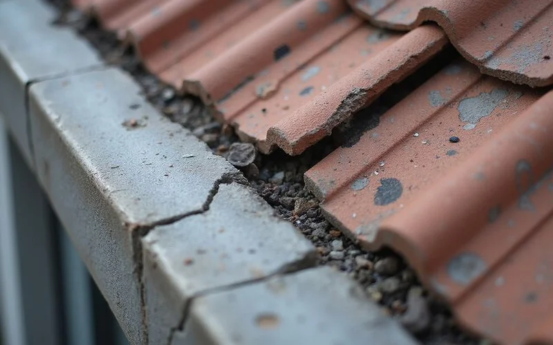 Close-up of cracked concrete roof tiles and failed flashing on a KL rooftop