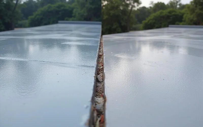 Close-up of UV-degraded vs intact roof coating side by side