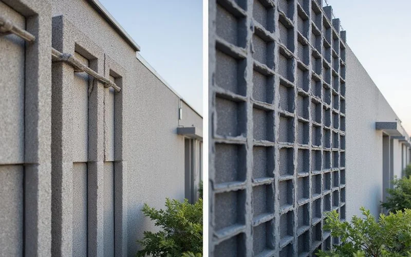 Close-up texture comparison of ACP panel vs rendered plaster facade