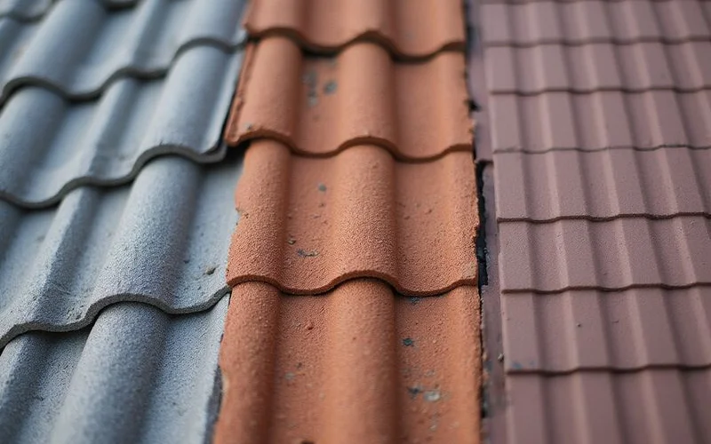 Close-up texture comparison of concrete tile vs clay tile vs metal deck