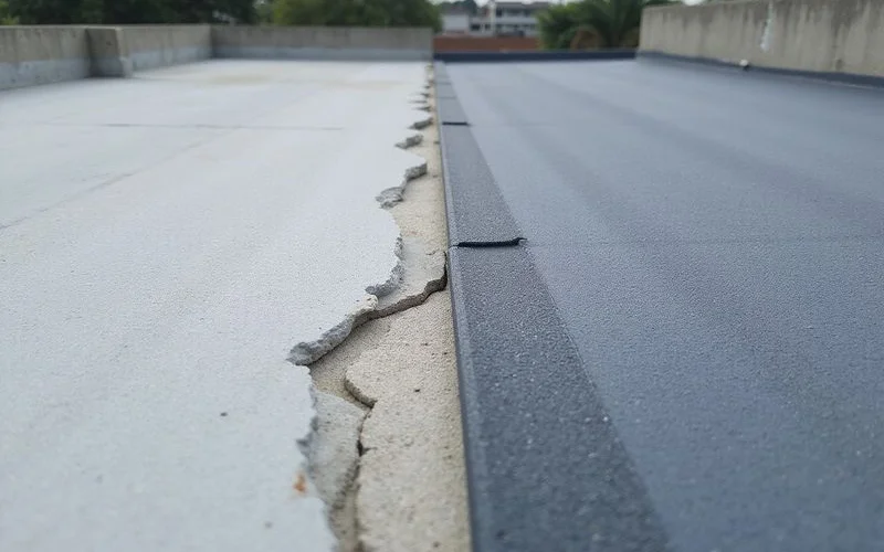 Comparison photo of injected crack vs membrane-coated roof surface