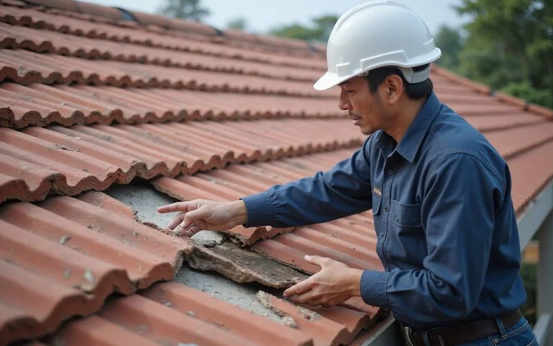 Contractor pointing out widespread tile damage during an inspection