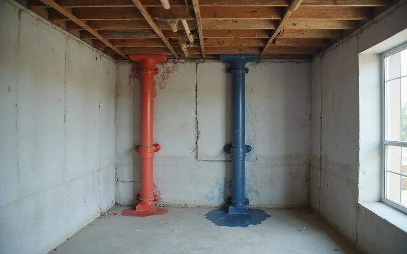 Diagram-style photo distinguishing roof leak vs plumbing leak paths