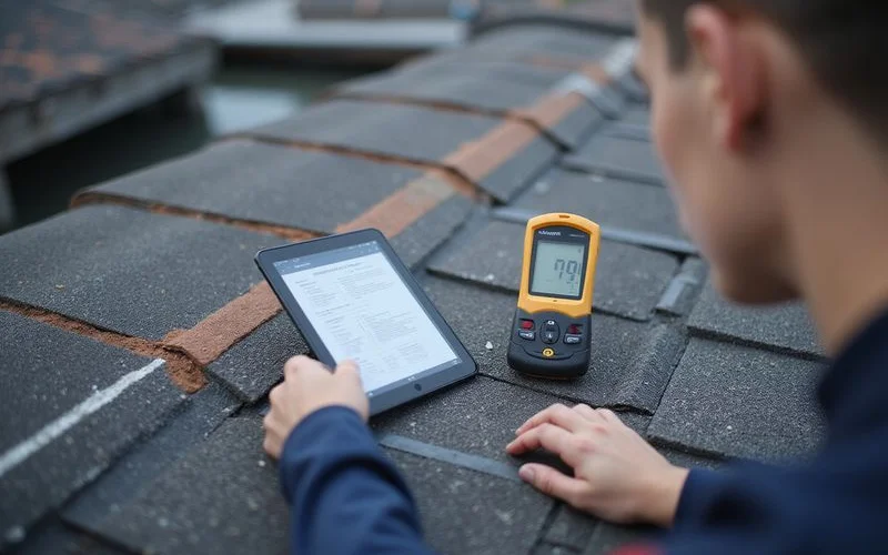 Moisture meter reading on a roof surface with a tablet report