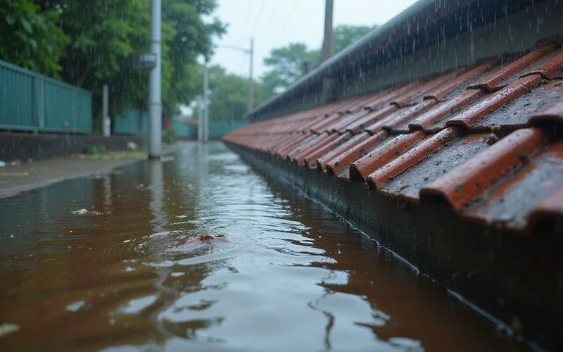 Overflowing gutter and water pooling at a roof valley during heavy rain