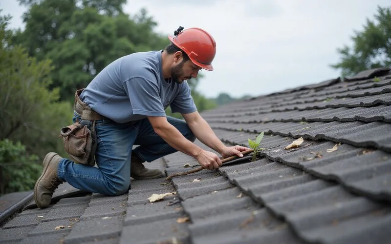 Roofer assessing whether a roof can be recoated or needs replacing