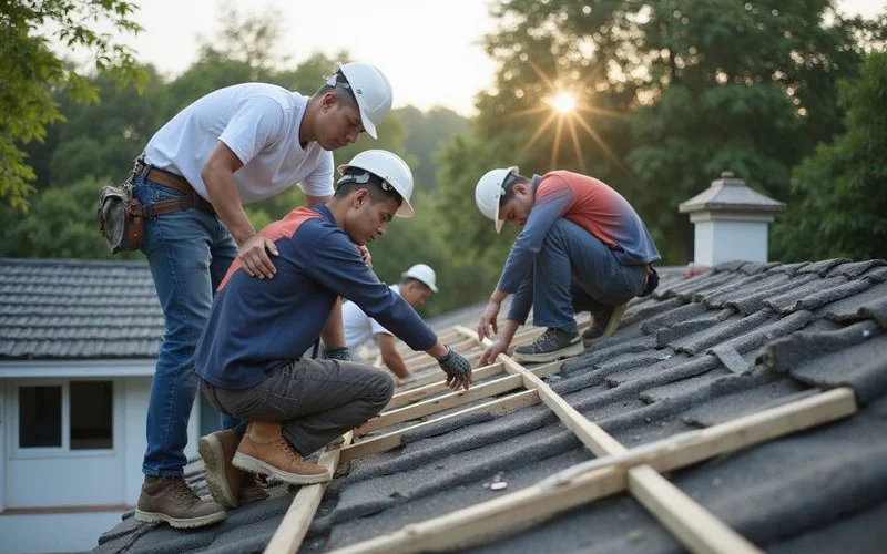 Roofing team inspecting bungalow roof structure before quoting