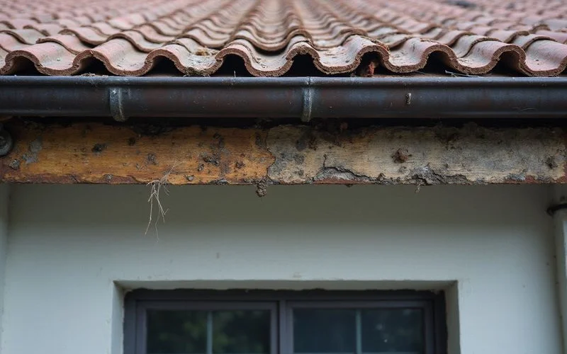 Rotted fascia board beneath a long-clogged gutter