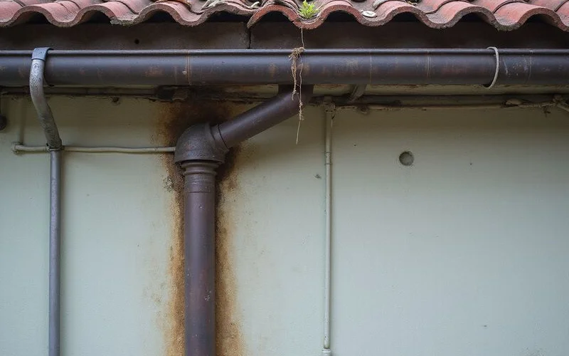 Sagging gutter and stained wall below a blocked downpipe
