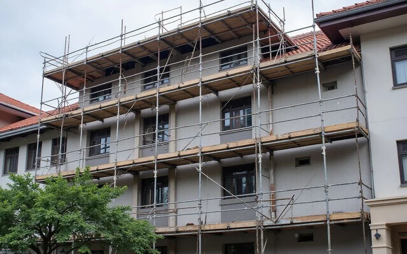 Scaffolded facade mid-restoration with cleaned and repaired sections