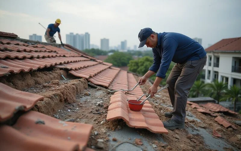 Sequence photo: old roof tear-off then new tiles being laid