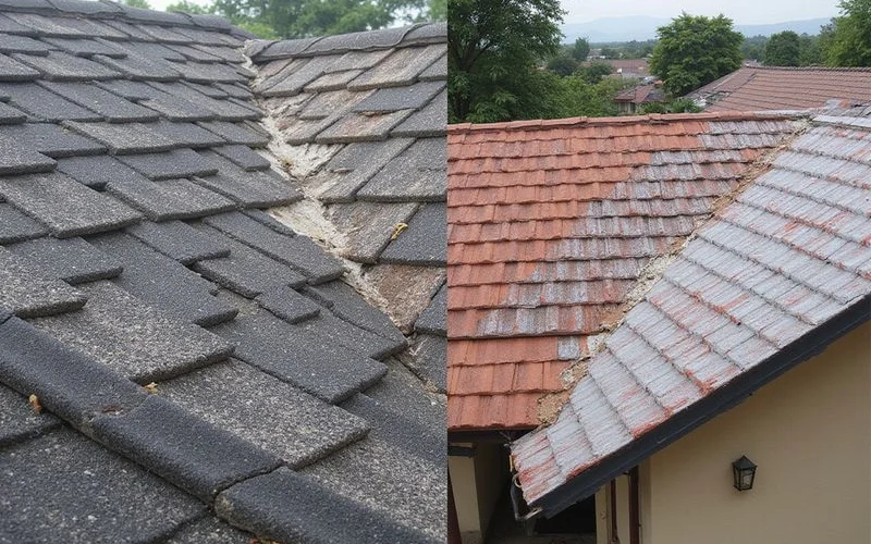 Side-by-side of a patch-repaired roof section vs a freshly re-roofed section