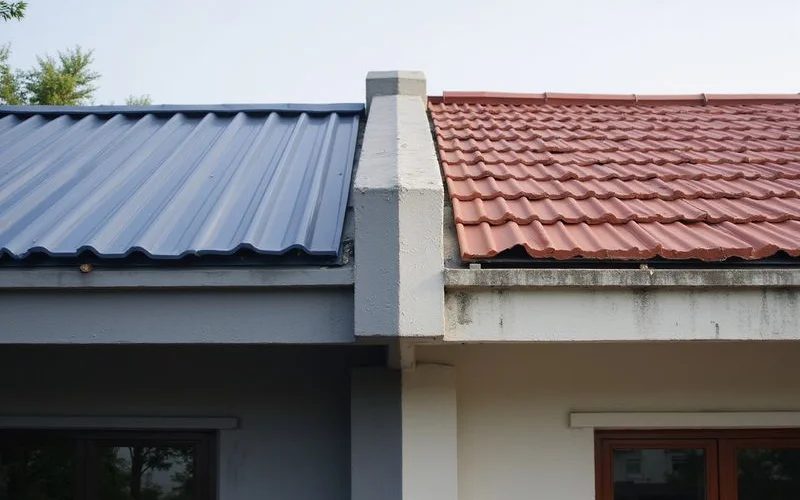 Standing-seam metal roof detail beside a concrete-tile roof detail