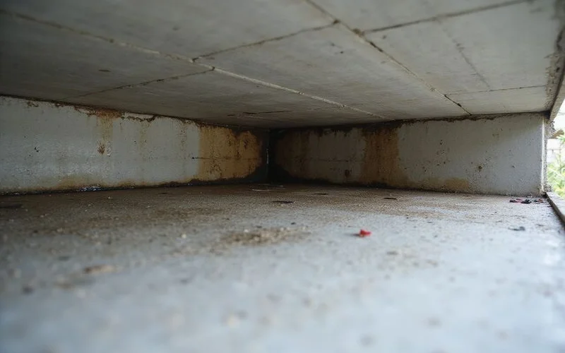 Underside of a concrete flat roof showing water staining and efflorescence