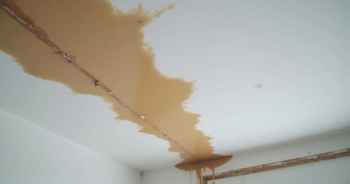 Brown water stain spreading on a white ceiling