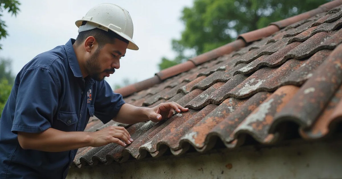 Contractor inspecting an aging tiled roof on a KL bungalow