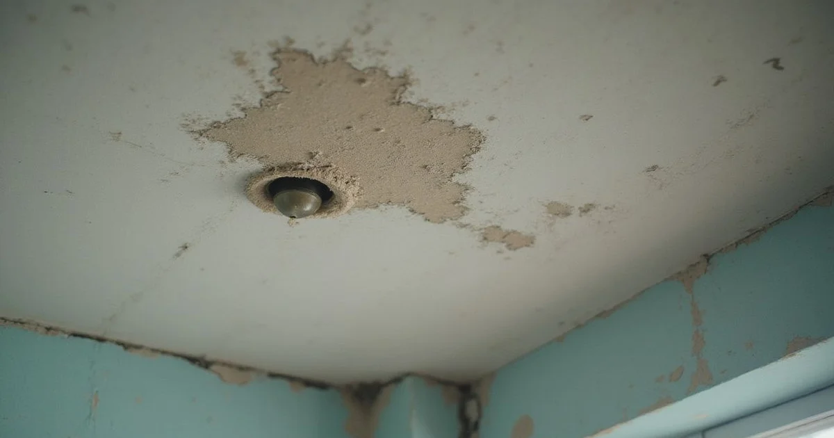 Damp ceiling patch and peeling paint inside a Malaysian home
