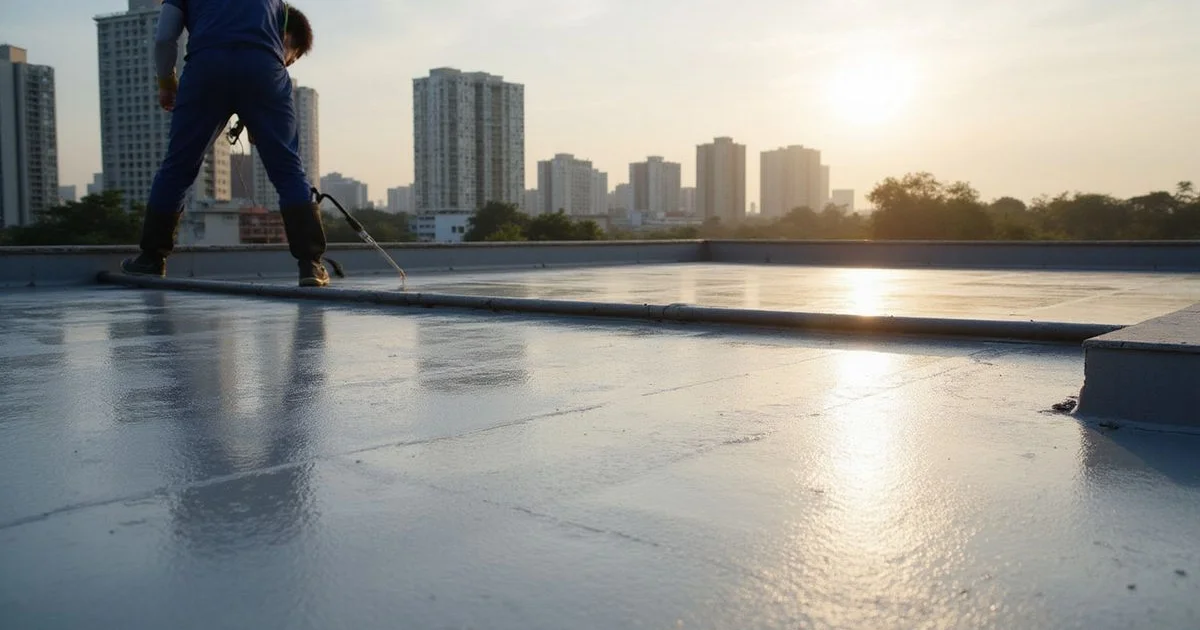 Freshly applied membrane waterproofing on a flat roof under strong sun