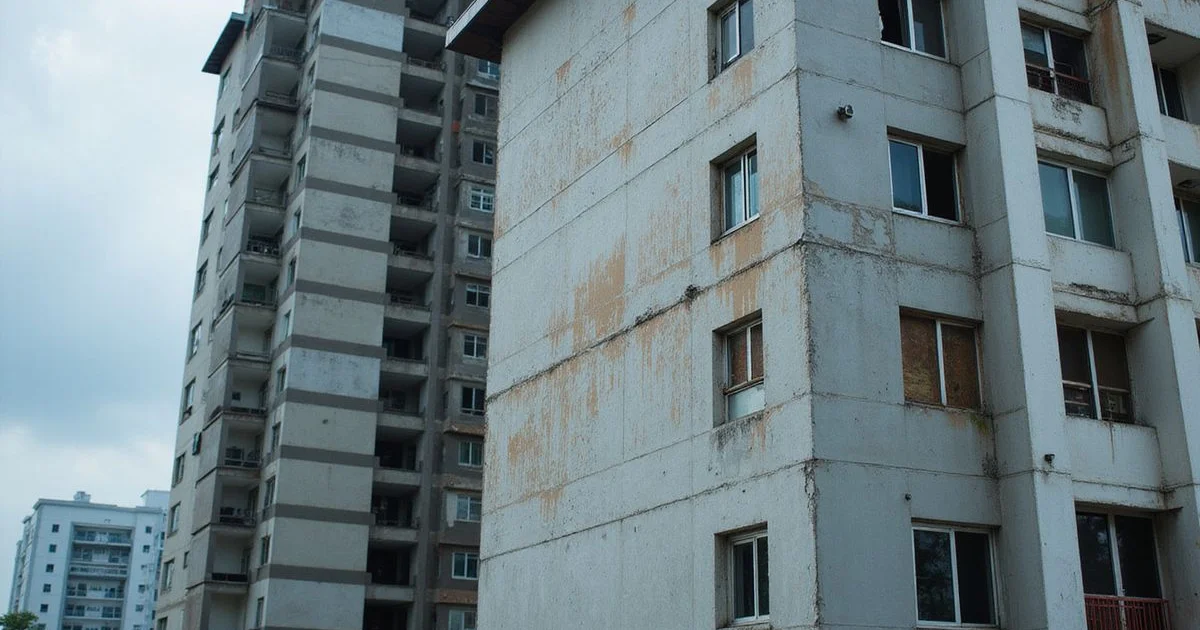 KL high-rise facade with visible cracking and stained cladding