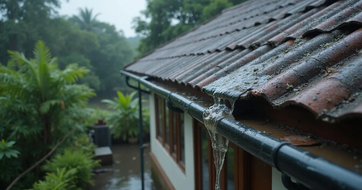 Overflowing clogged gutter on a KL home during rain