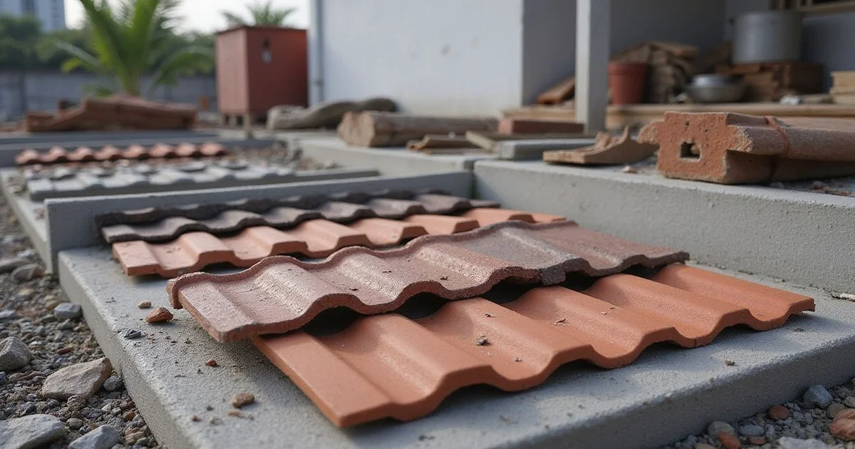 Range of roofing tiles — concrete, clay, metal — laid out on a KL site