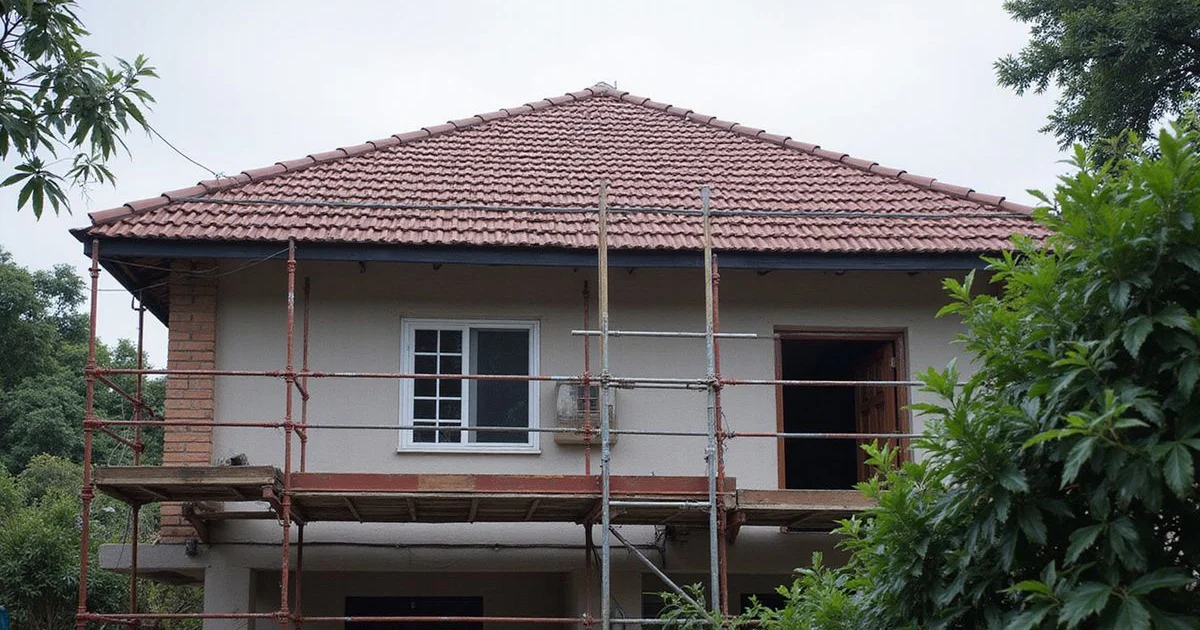 Re-roofing in progress on a KL bungalow with scaffolding