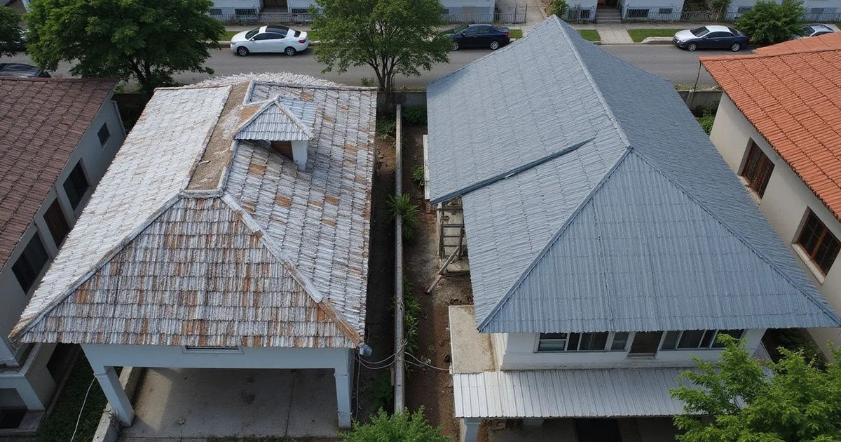 Recoated roof beside a freshly re-roofed roof on KL homes