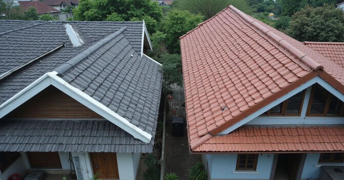 Recoated roof beside a replaced roof on similar KL homes