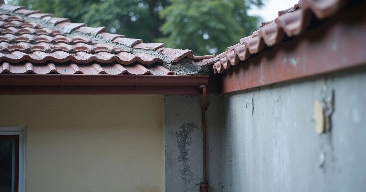 Roof-to-wall junction with water staining on a KL building