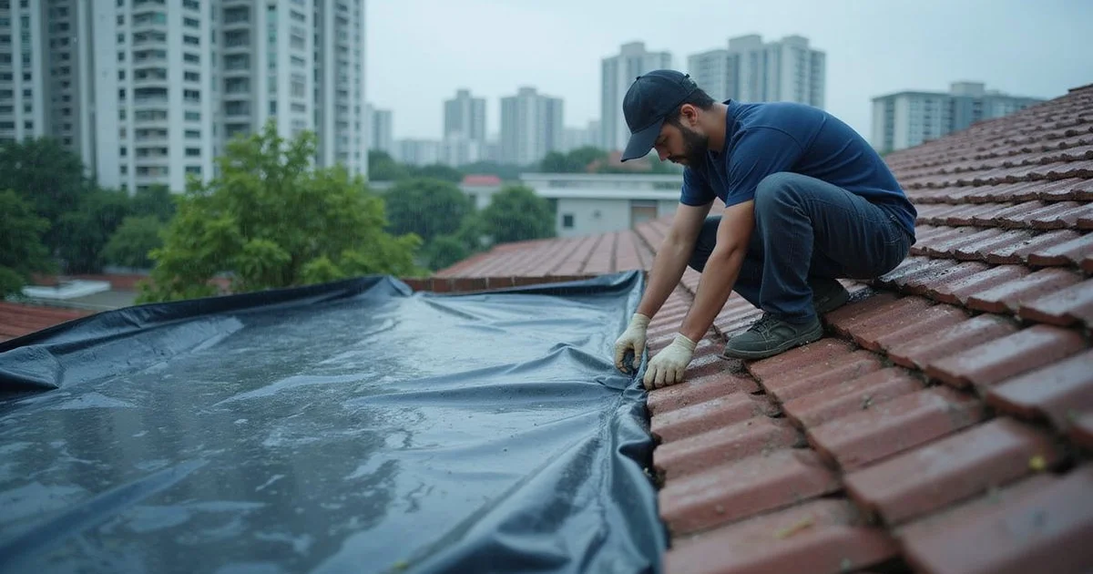 Roofer applying emergency tarp on a leaking roof in light rain