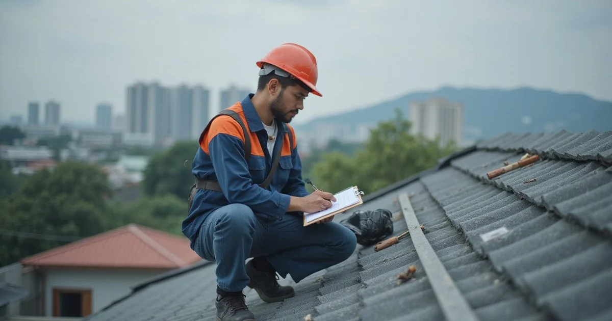 Roofer assessing a KL roof with a clipboard for quoting