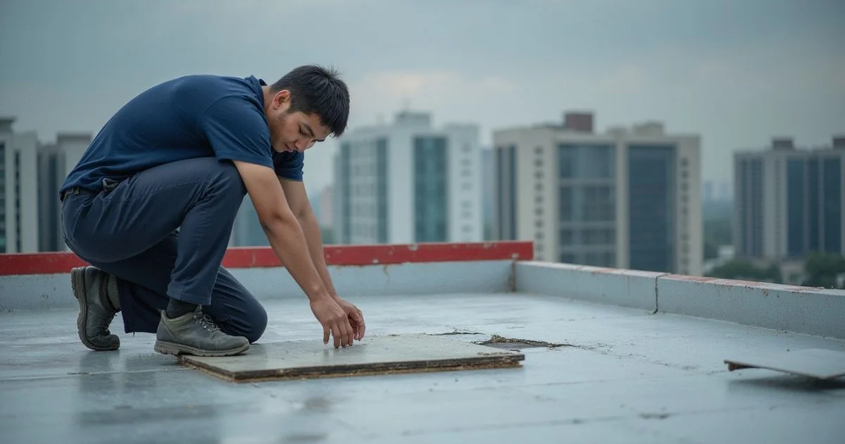Roofer evaluating whether to patch or fully waterproof a flat roof, KL