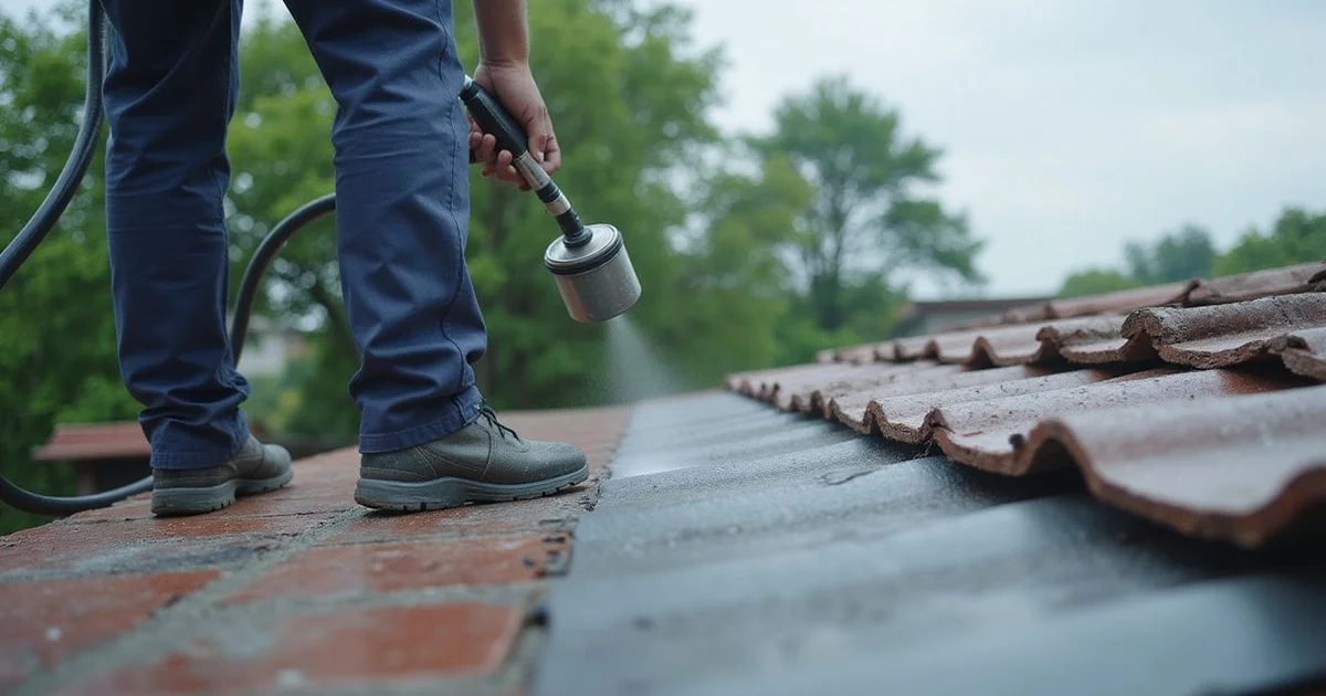Roofer spray-applying protective coating to a tiled roof in KL