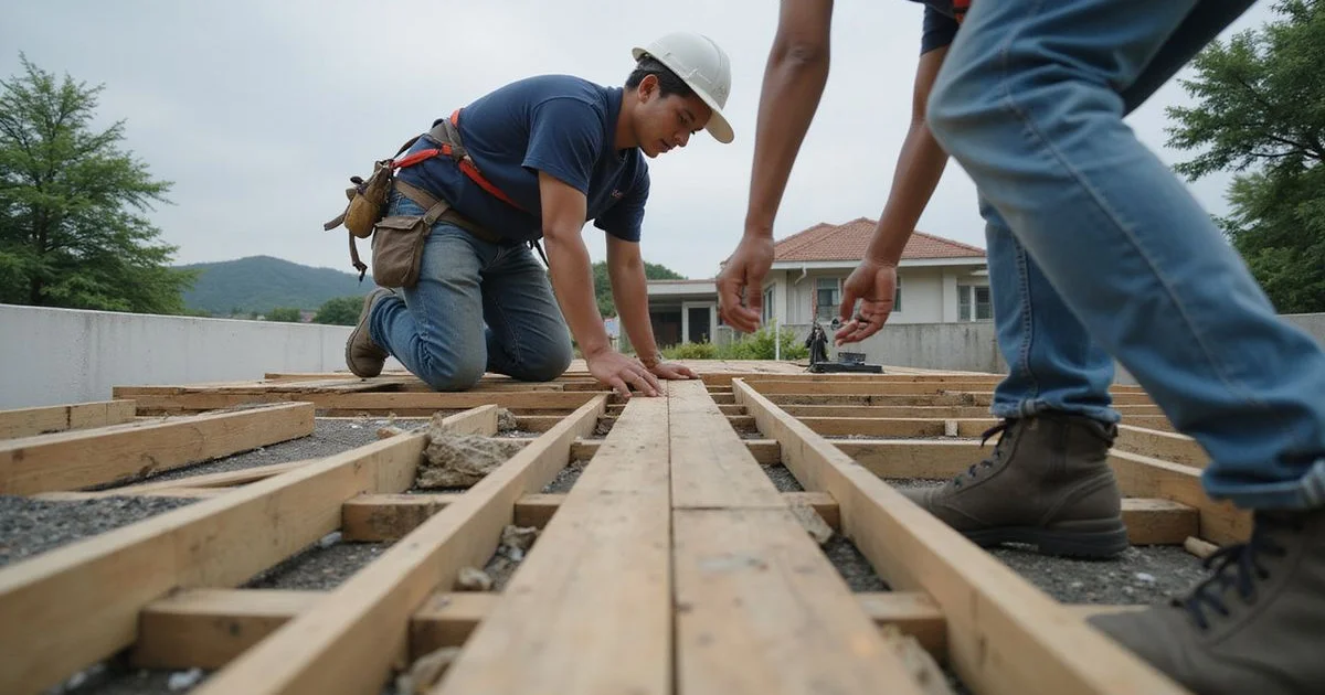 Roofing crew mid-installation on a KL home, deck and battens visible