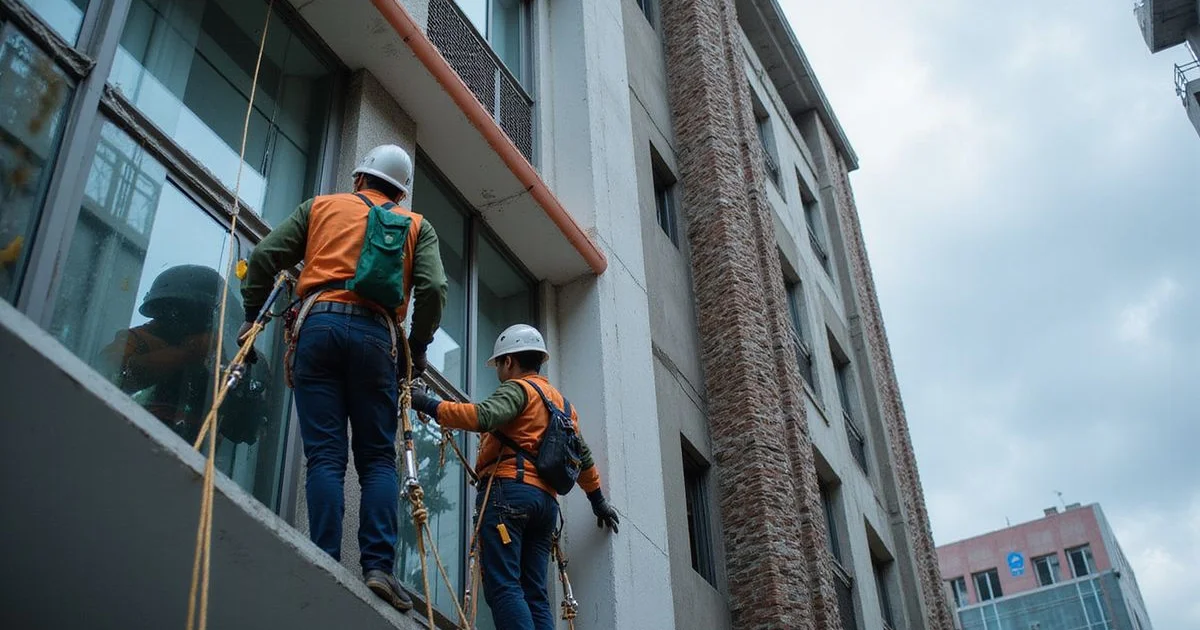 Rope-access technicians restoring a KL building facade