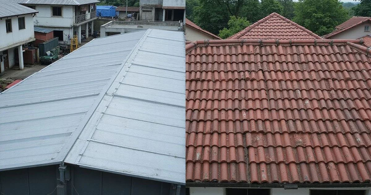 Split image: metal deck roof on a warehouse vs concrete tile roof on a home, KL
