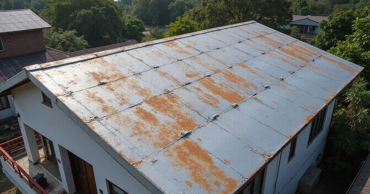Sun-faded roof coating showing wear on a KL home
