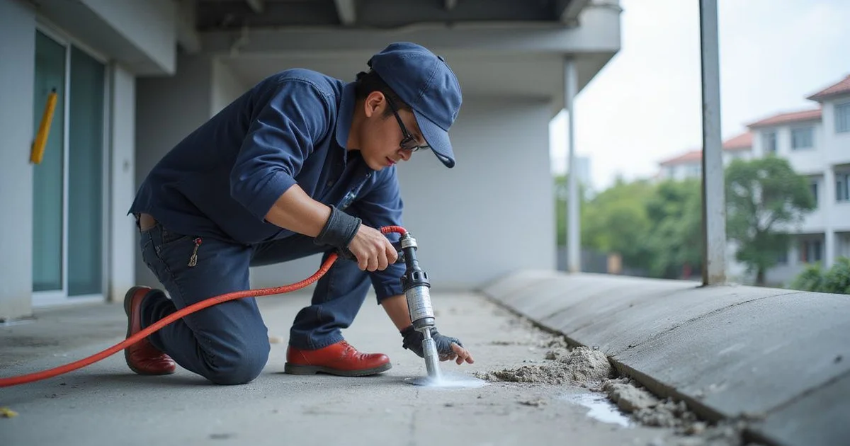 Technician injecting PU resin into a concrete roof crack, KL