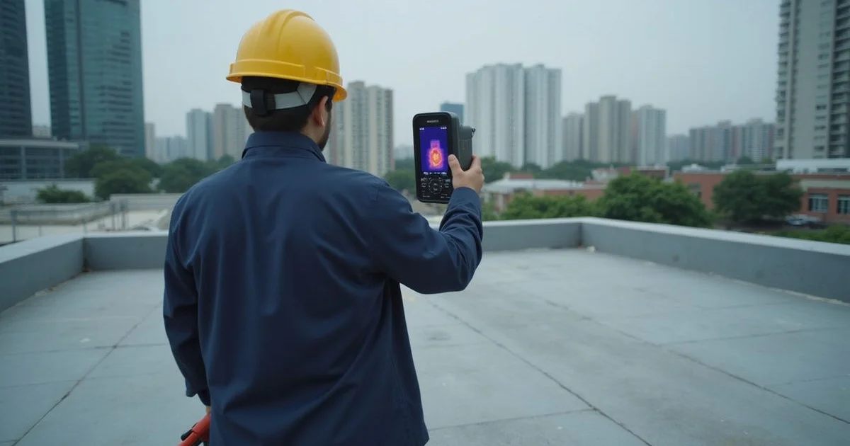 Technician using a thermal imaging camera on a KL rooftop