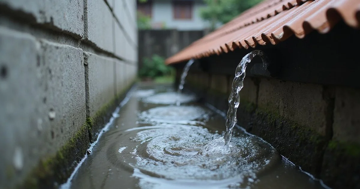 Water backflow from a blocked gutter seeping into a wall, KL