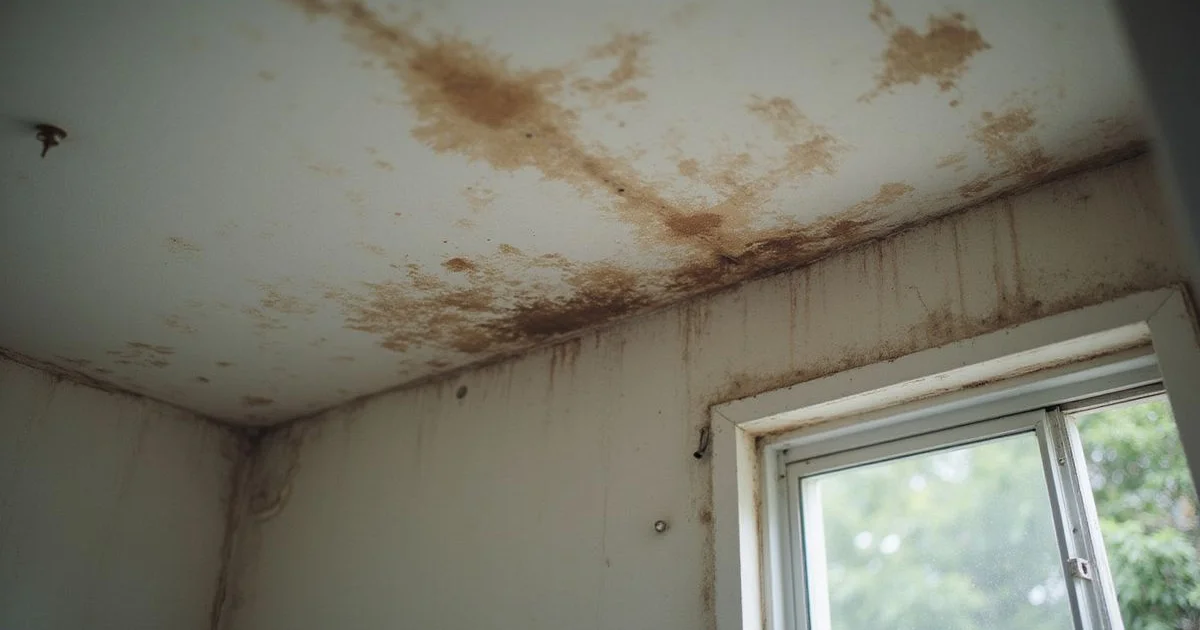 Water-stained ceiling inside a Malaysian terrace home showing leak damage